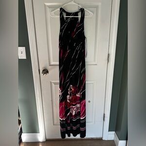 Women’s Empire Waist Black and Pink Floral Maxi Long Sleeveless Formal Dress 6
